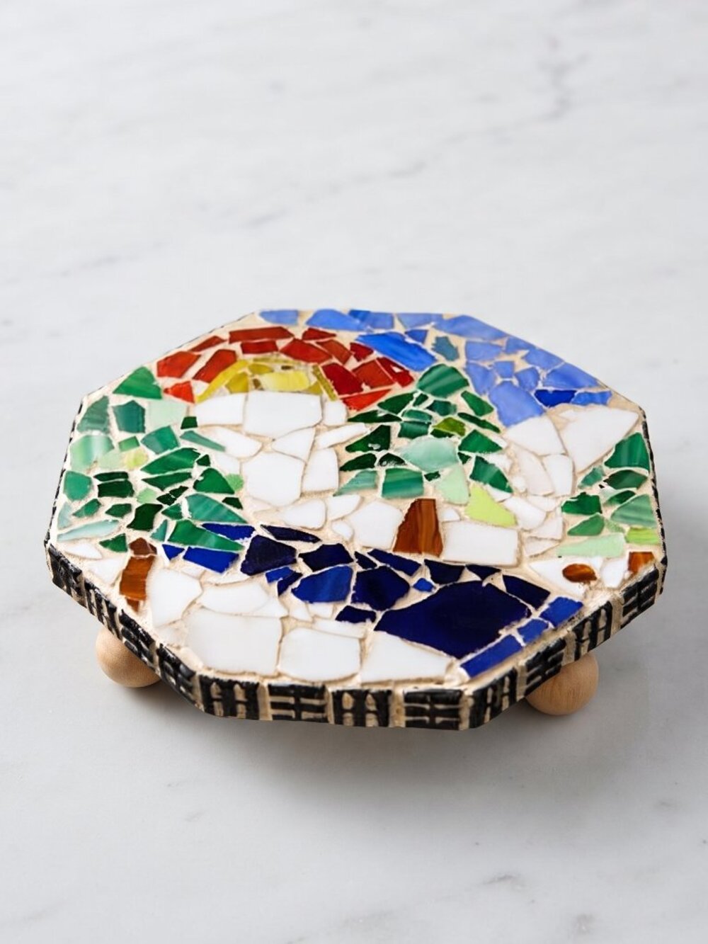 Handmade Mosaic Glass Trivet Coaster Sun Landscape Art Tile Hot Plate 8.25"